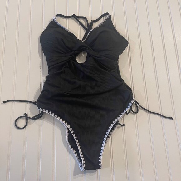 Women’s Black Ribbed One Piece Swimsuit L Criss Cross Tie Back High Cut Retro - Picture 2 of 10